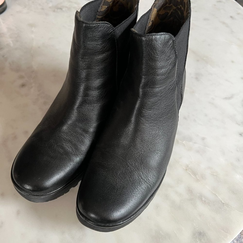 Fly London Women's Black Leather Wedge Ankle Booties - Picture 3 of 3